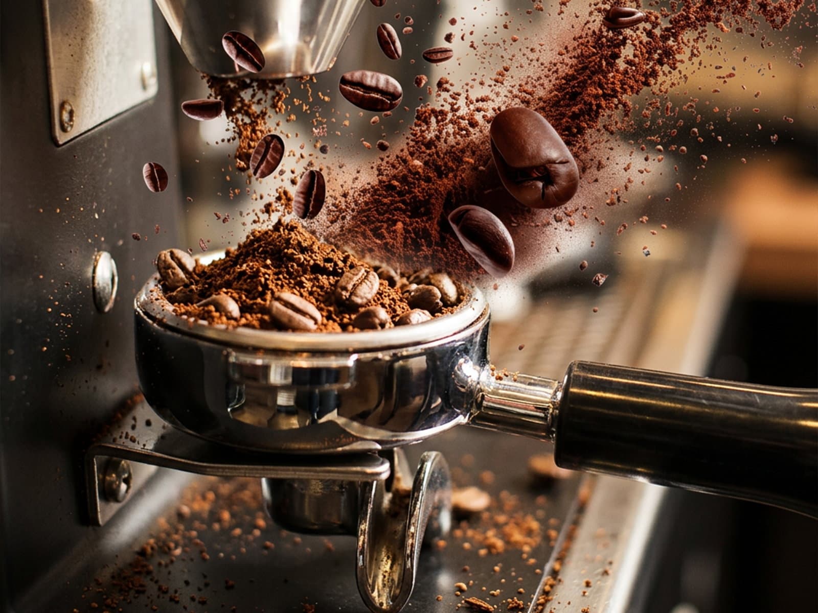 Roasted beans and ground coffee falling into the basket of an espresso portafilter, caught mid-air in front of a machine.