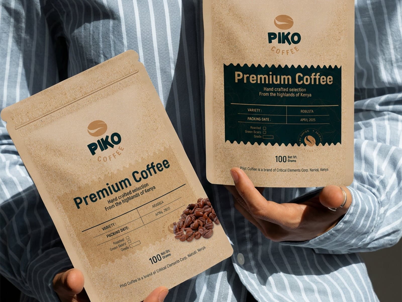 A person holding two Piko Coffee pouches, the spec panel on the back listing variety, packing date and whether the coffee is roasted, green or ground.